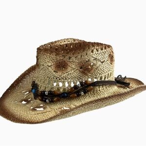 Elegant Brown Straw Hat with Beaded Detail